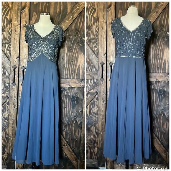 NWT J Kara V-Neck Beaded Cap Sleeve V Neck Maxi Evening Sheath beaded grey Dress - Picture 6 of 8